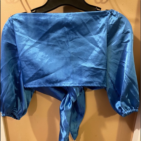 Dark Blue Satin Off the Shoulder Crop Top - Picture 2 of 3